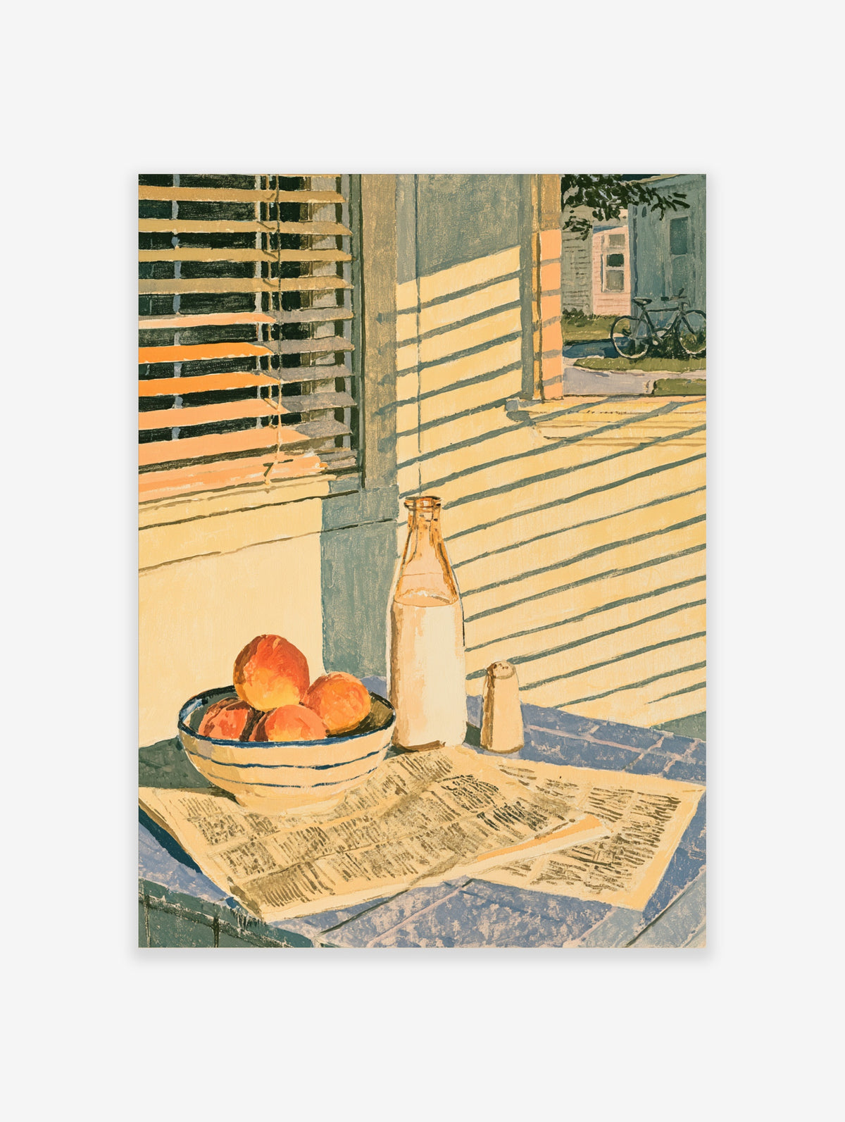 Sunlit kitchen still life poster with peach bowl, milk bottle, newspaper, and striped shadows on blue table