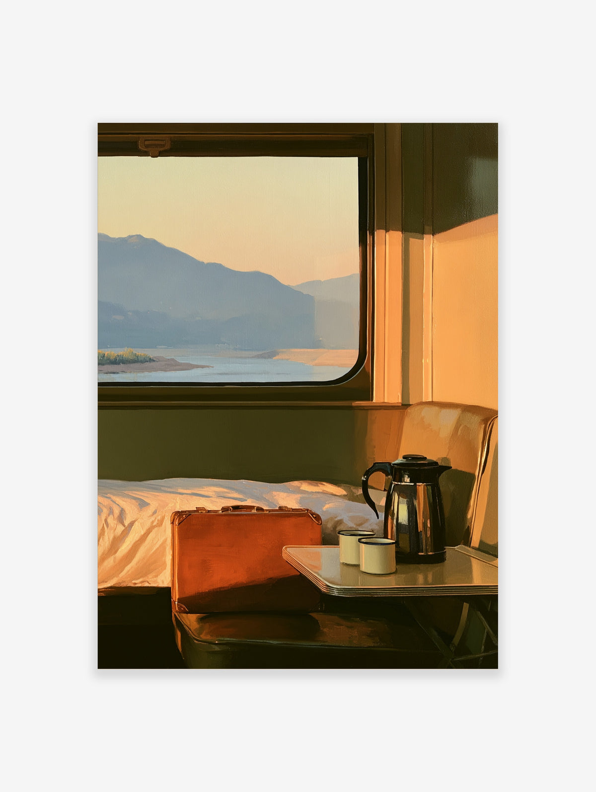 Sunlit train cabin interior with window view of mountains and water, silver flask on table
