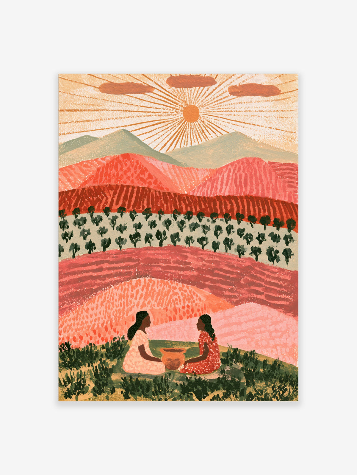 Stylised landscape print of two women seated around a bowl with pink mountains and a radiating sun