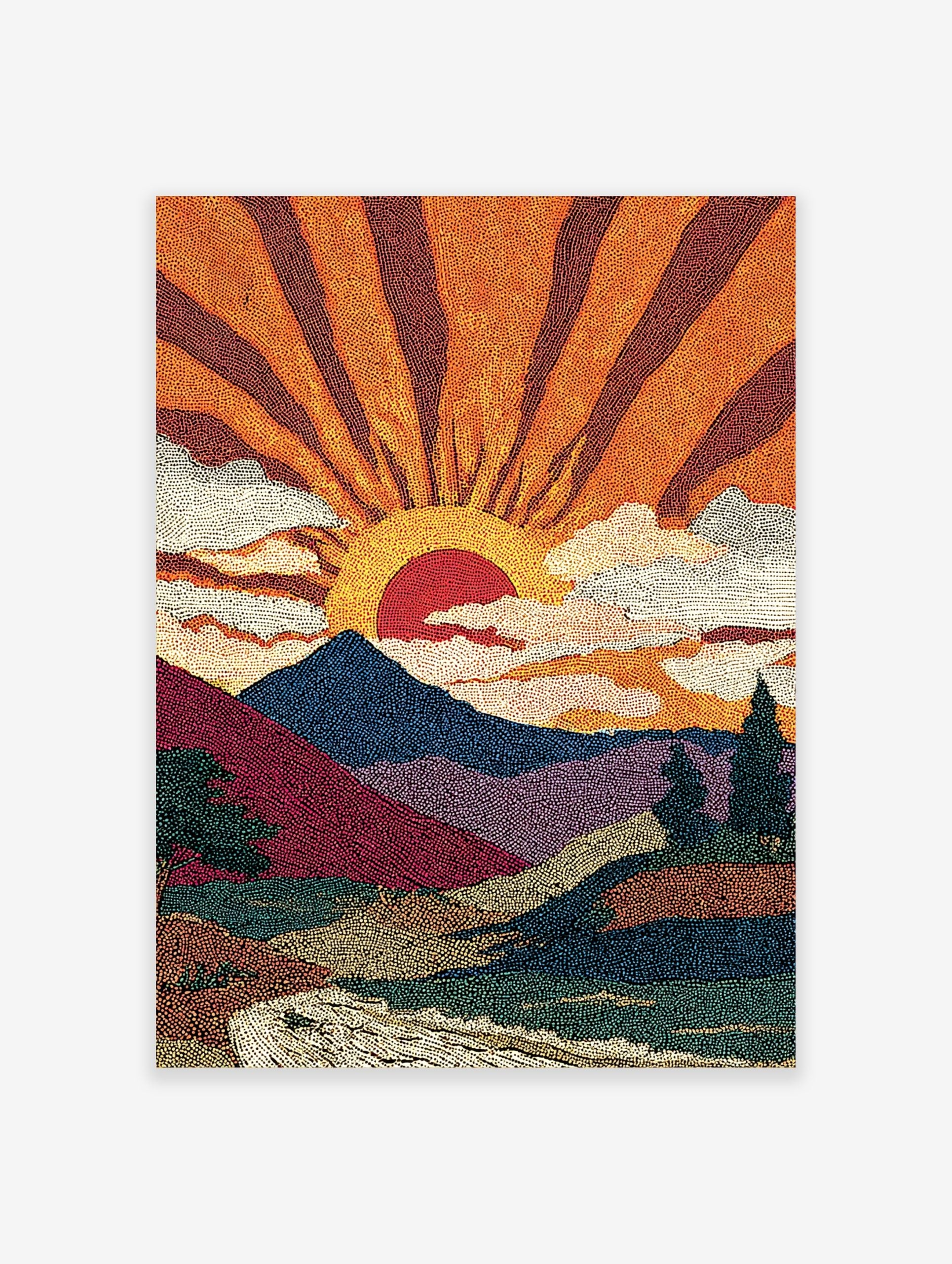 Pointillist sunrise mountain landscape art print with orange sun rays, blue mountains, and a river
