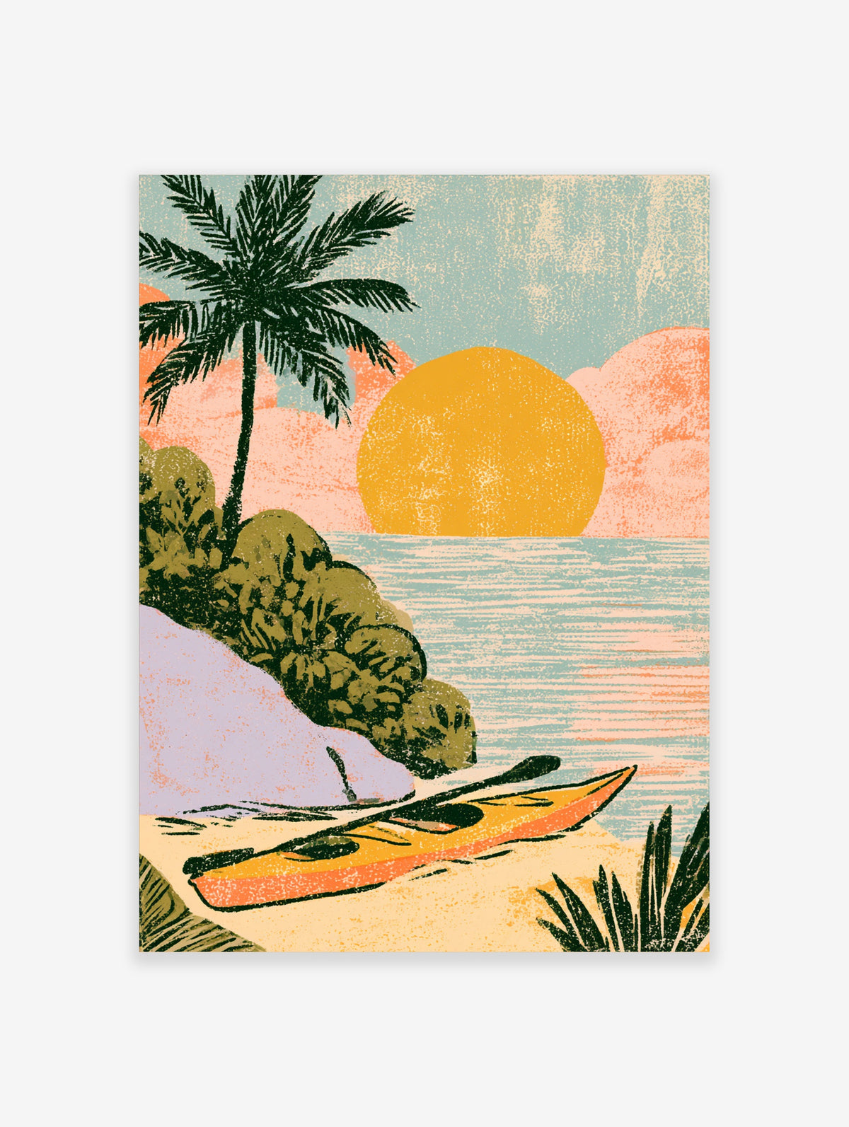 Sunset beach poster with yellow sun, teal sea, palm tree and orange kayak on sand