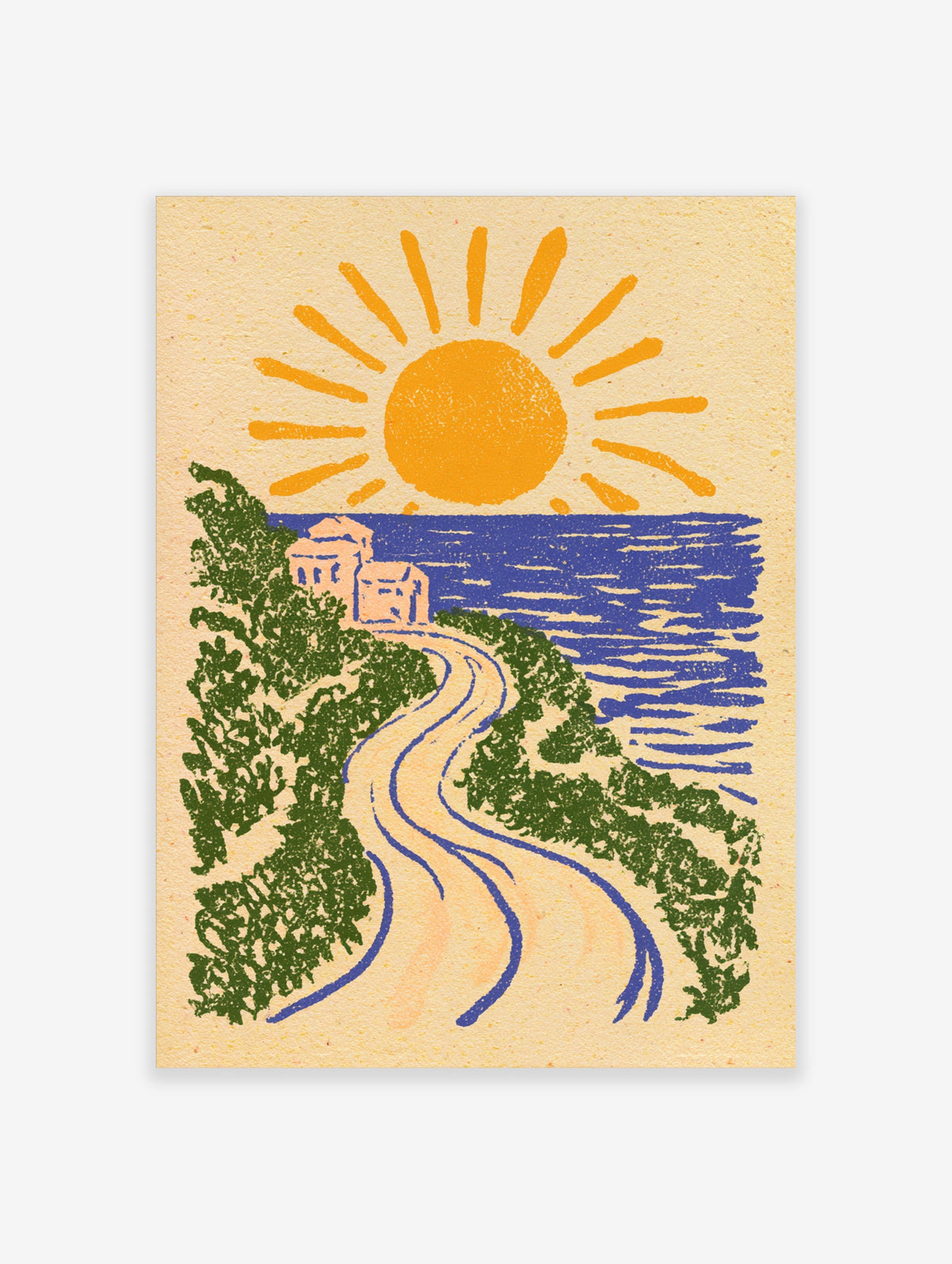 Retro coastal path poster with yellow sun, blue sea, winding road and green foliage