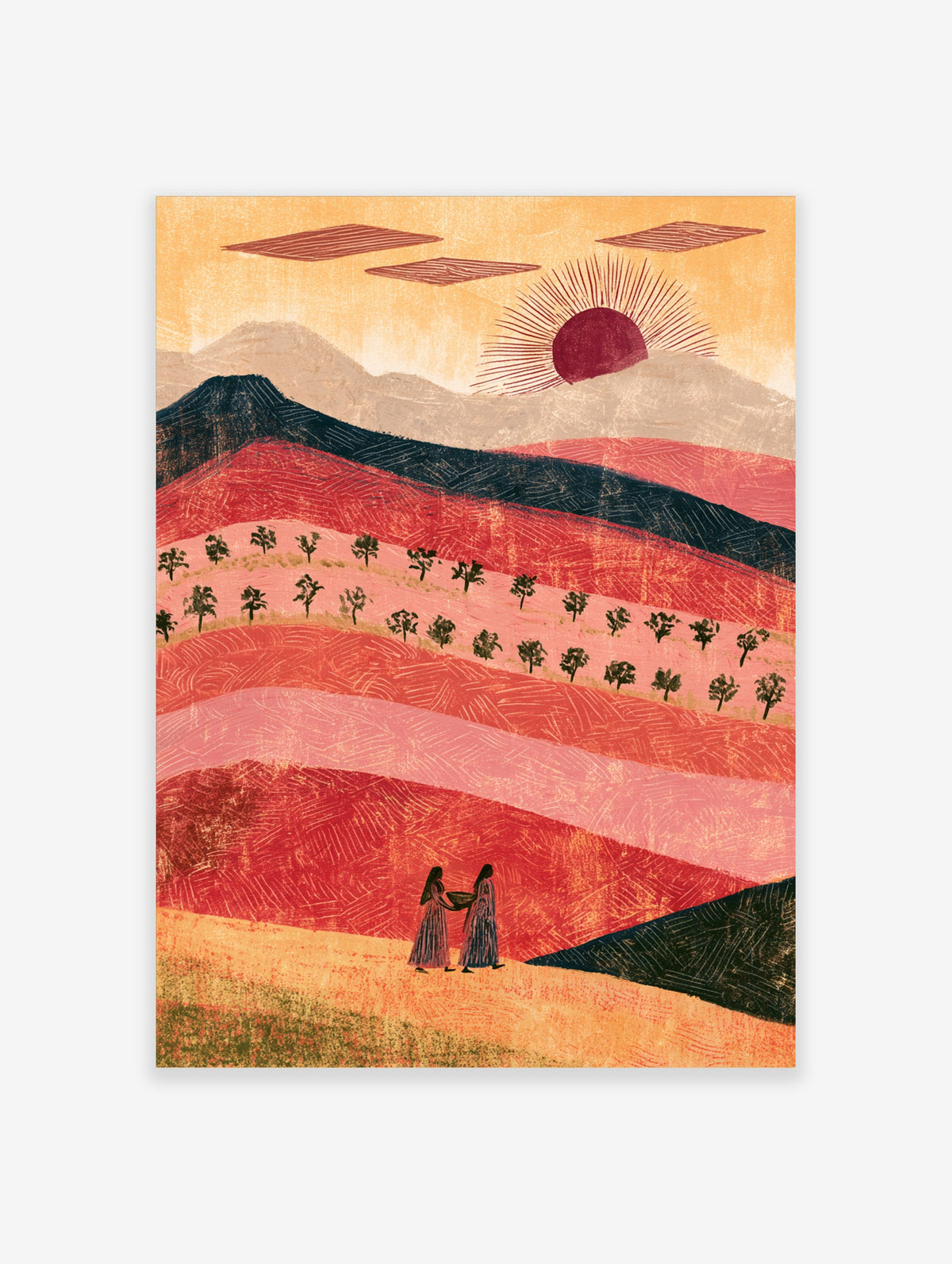 Sunset desert landscape poster with two figures, basket, stylised trees, red hills and maroon sun