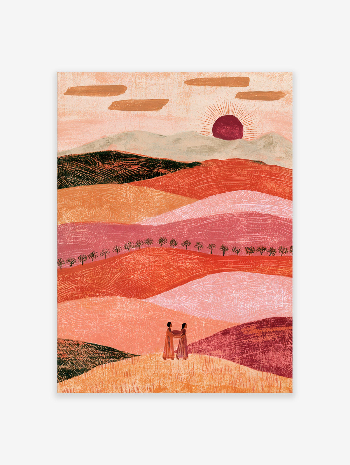 Sunset desert landscape art print with terracotta hills, red sun, trees, and two figures