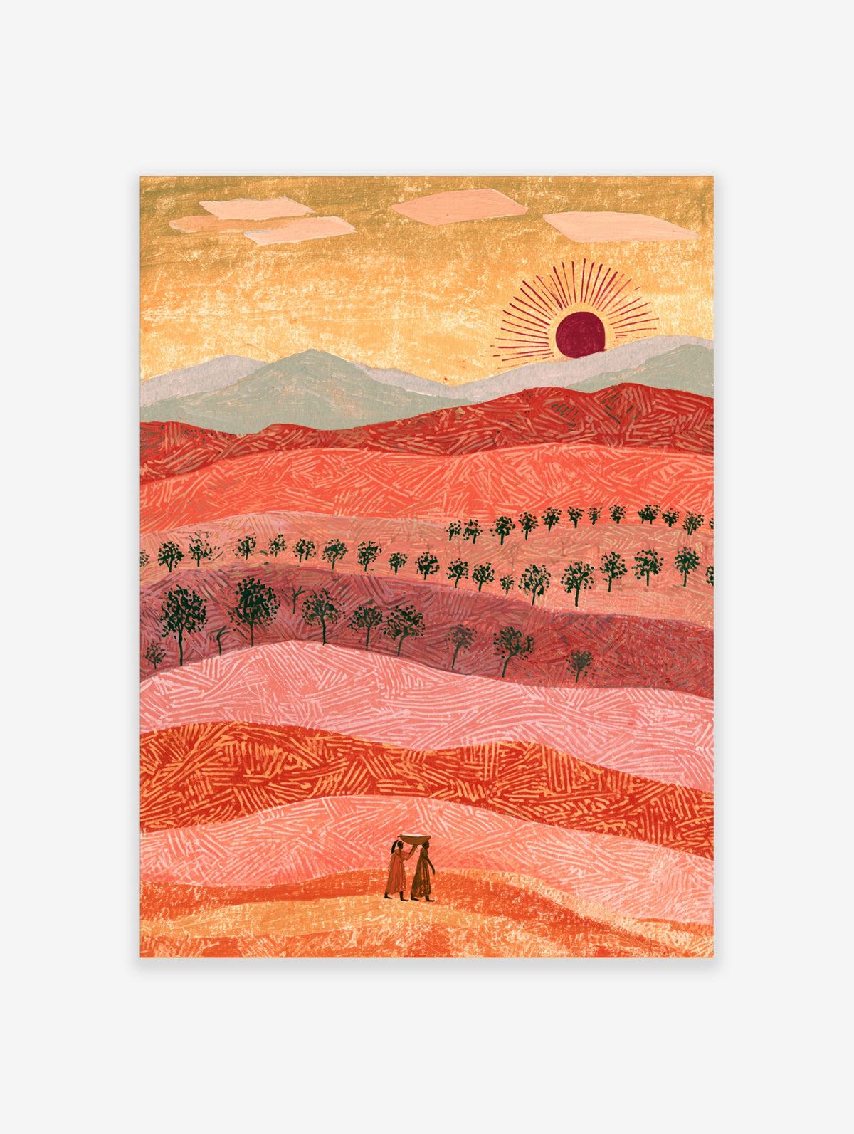 Sunset landscape art print with terracotta hills, olive trees, figures carrying a basket, and a red sun