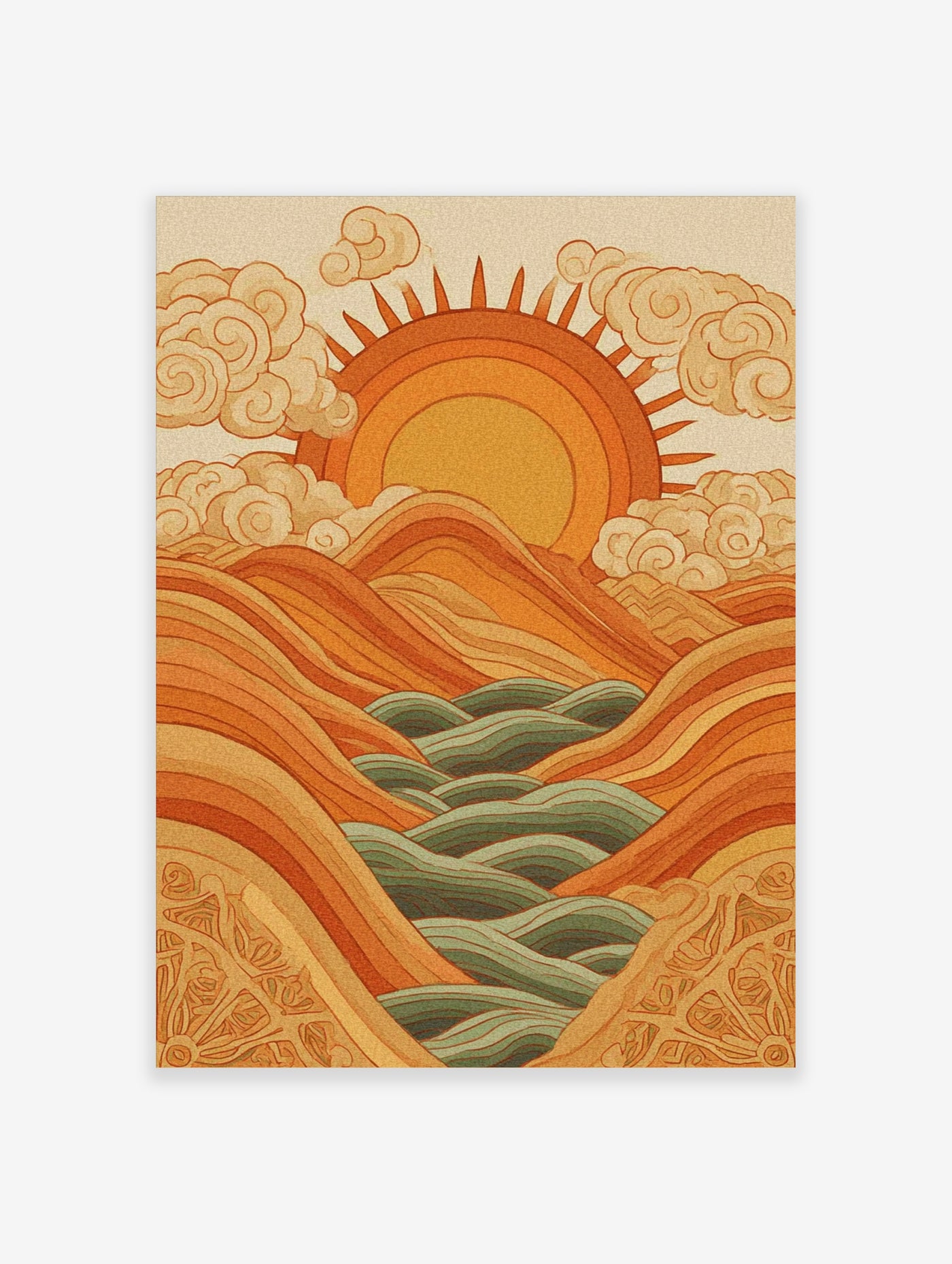 Orange sun with rays, swirling clouds, layered mountains, and green river in retro landscape illustration