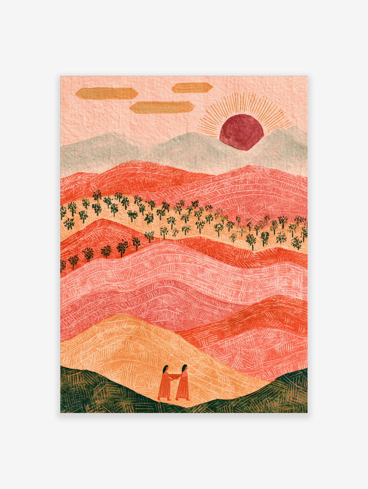 Sunset landscape art print with orange hills, green trees, red sun, and two figures