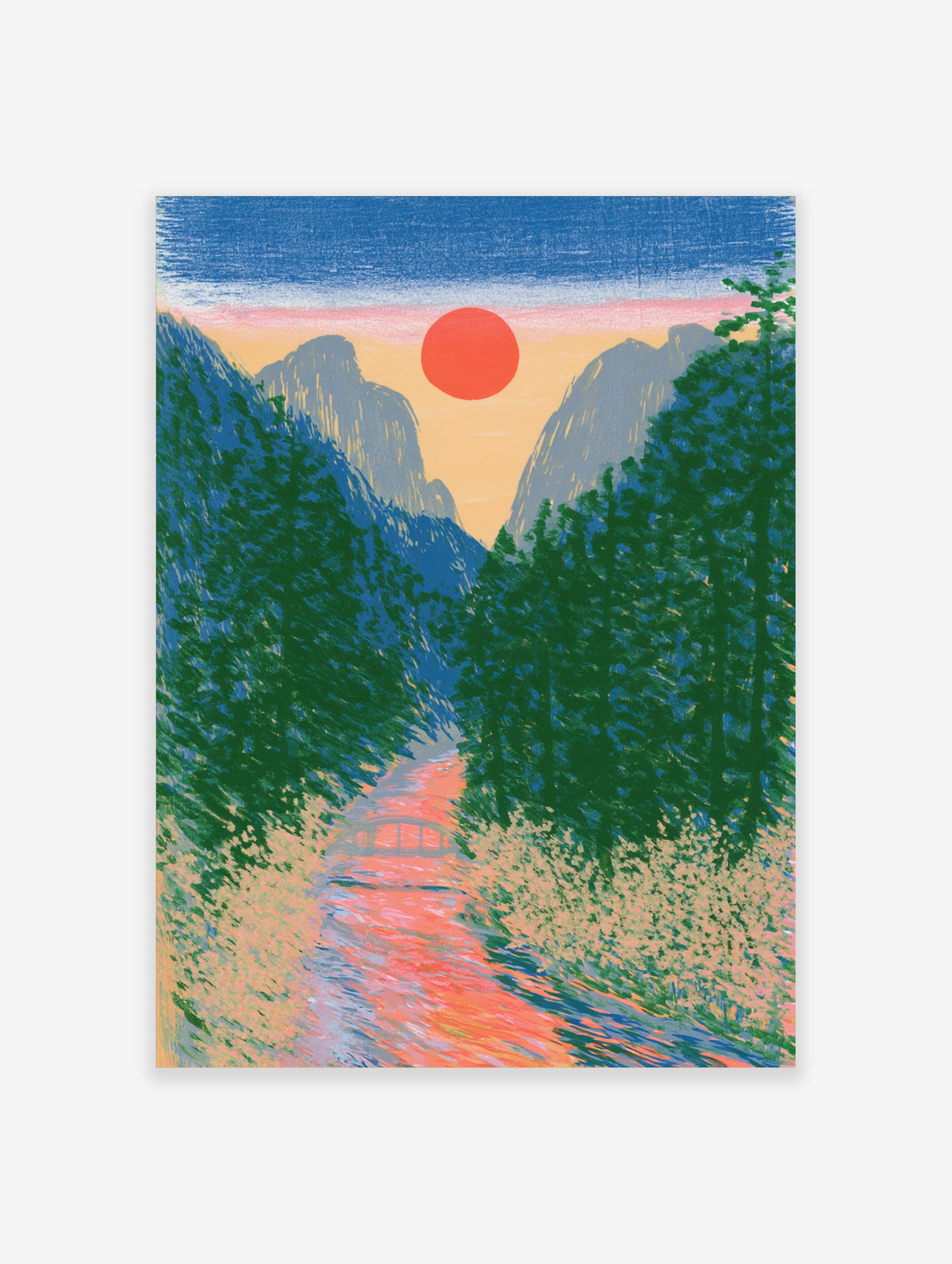 Sunset mountain landscape art print with red sun, blue peaks, green forest and river