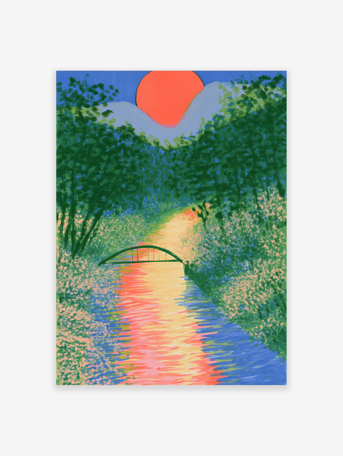 Colourful landscape art print of a red sun setting over a river with a curved bridge and green trees