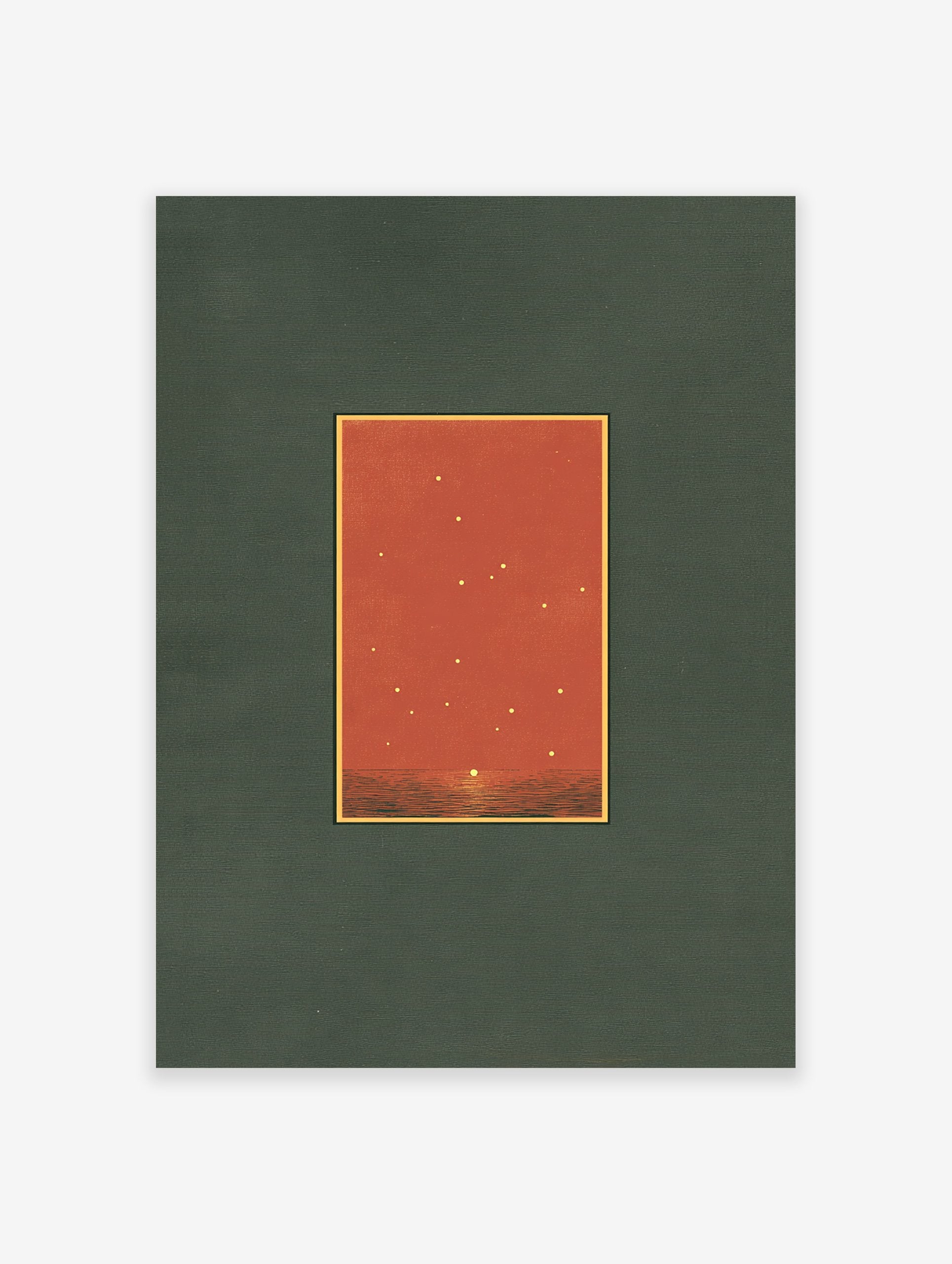 Minimalist sunset wall art print with a starry reddish-orange sky over a dark ocean, framed with a dark green mat.