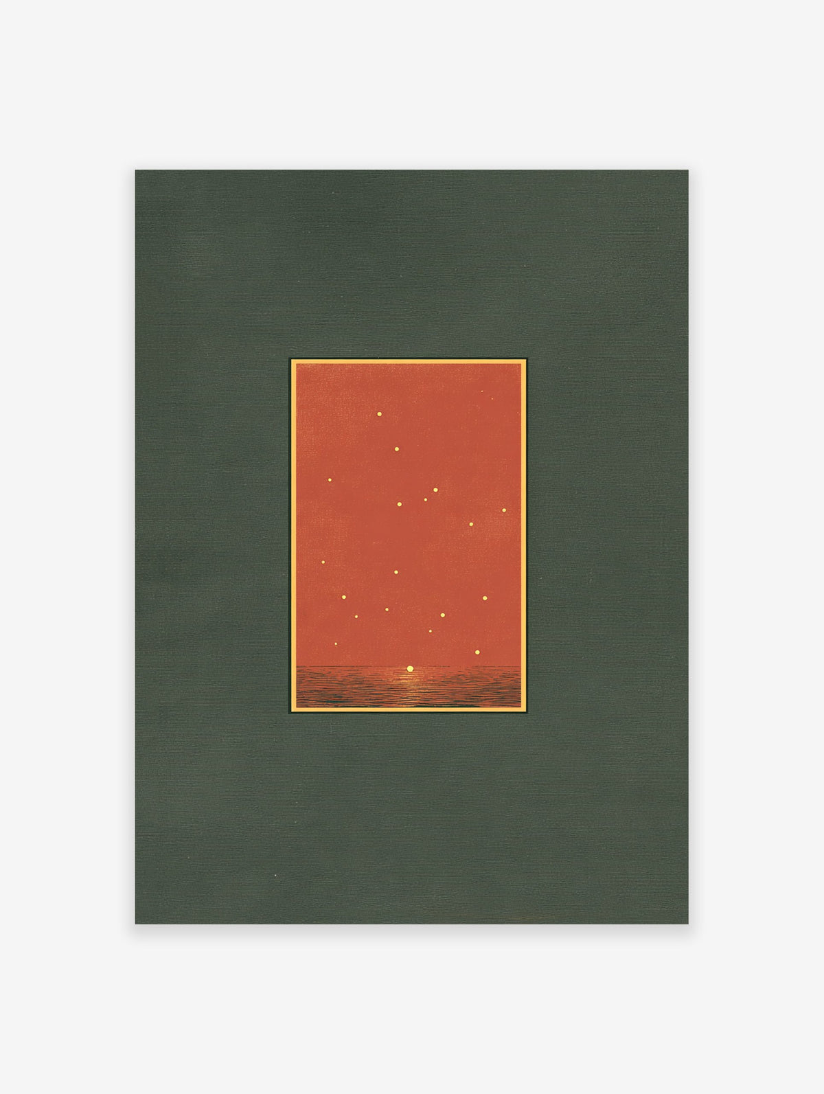 Minimalist sunset wall art print with a starry reddish-orange sky over a dark ocean, framed with a dark green mat.