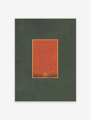 Minimalist sunset wall art print with a starry reddish-orange sky over a dark ocean, framed with a dark green mat.