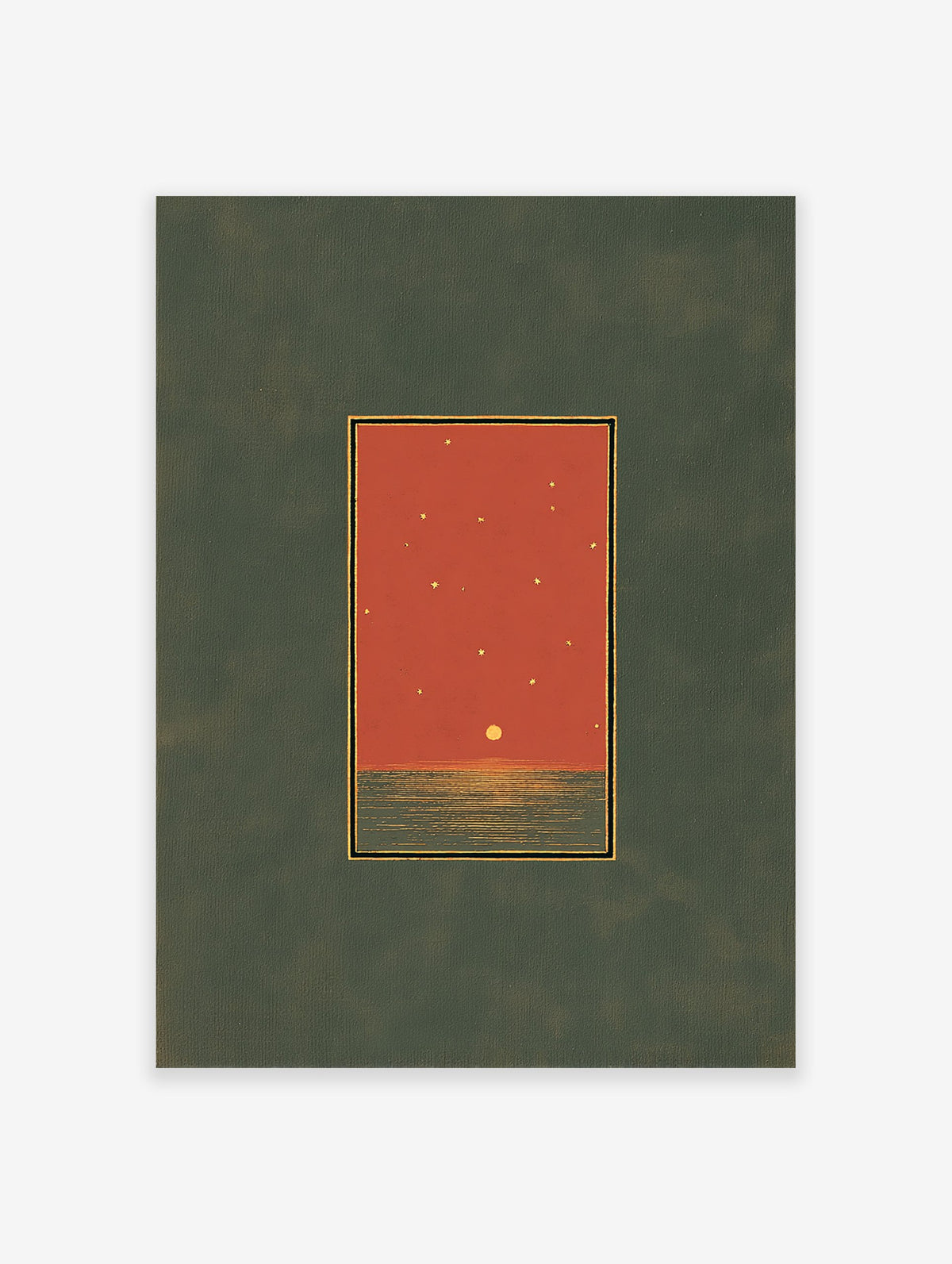 Minimalist sunset wall art print with a red sky, golden sun reflecting on dark green ocean, and stars, framed by gold and black lines.
