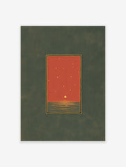Minimalist sunset wall art print with a red sky, golden sun reflecting on dark green ocean, and stars, framed by gold and black lines.