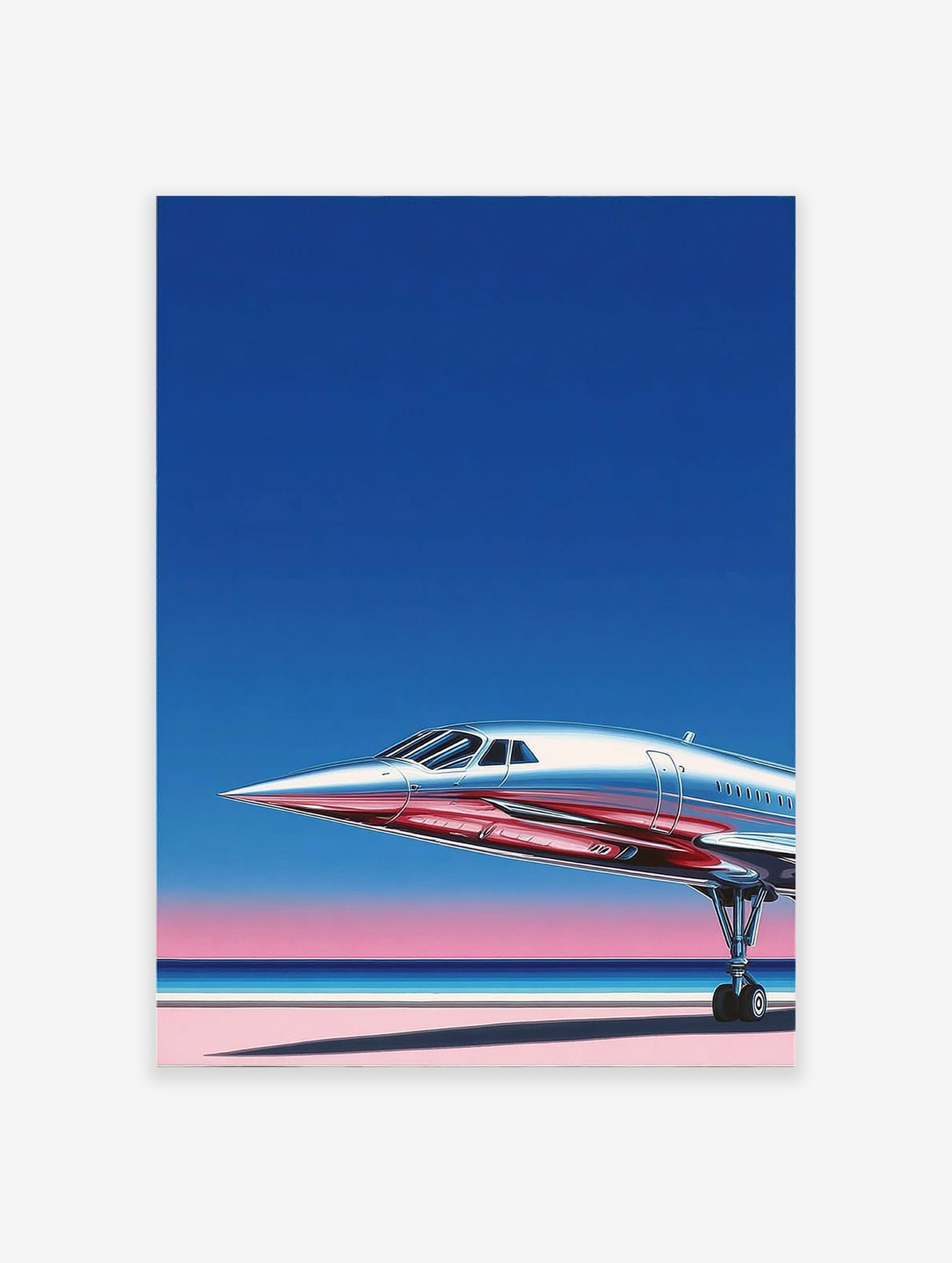 Silver supersonic jet on a runway with a blue and pink gradient sky, ideal for Supersonic Jet Wall Art.