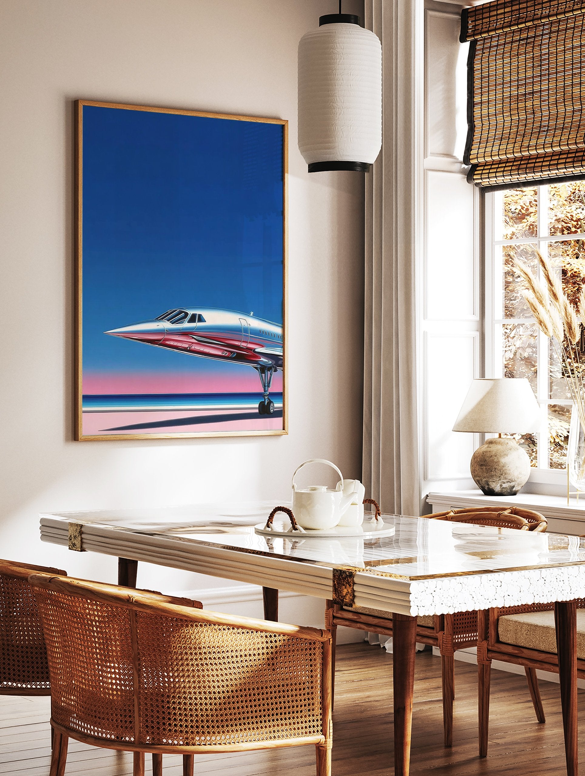 Silver supersonic jet on a runway with a blue and pink gradient sky, ideal for Supersonic Jet Wall Art. - Image 2