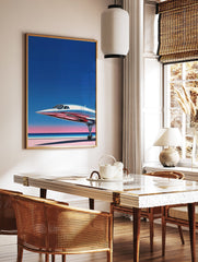 Silver supersonic jet on a runway with a blue and pink gradient sky, ideal for Supersonic Jet Wall Art. - Image 2
