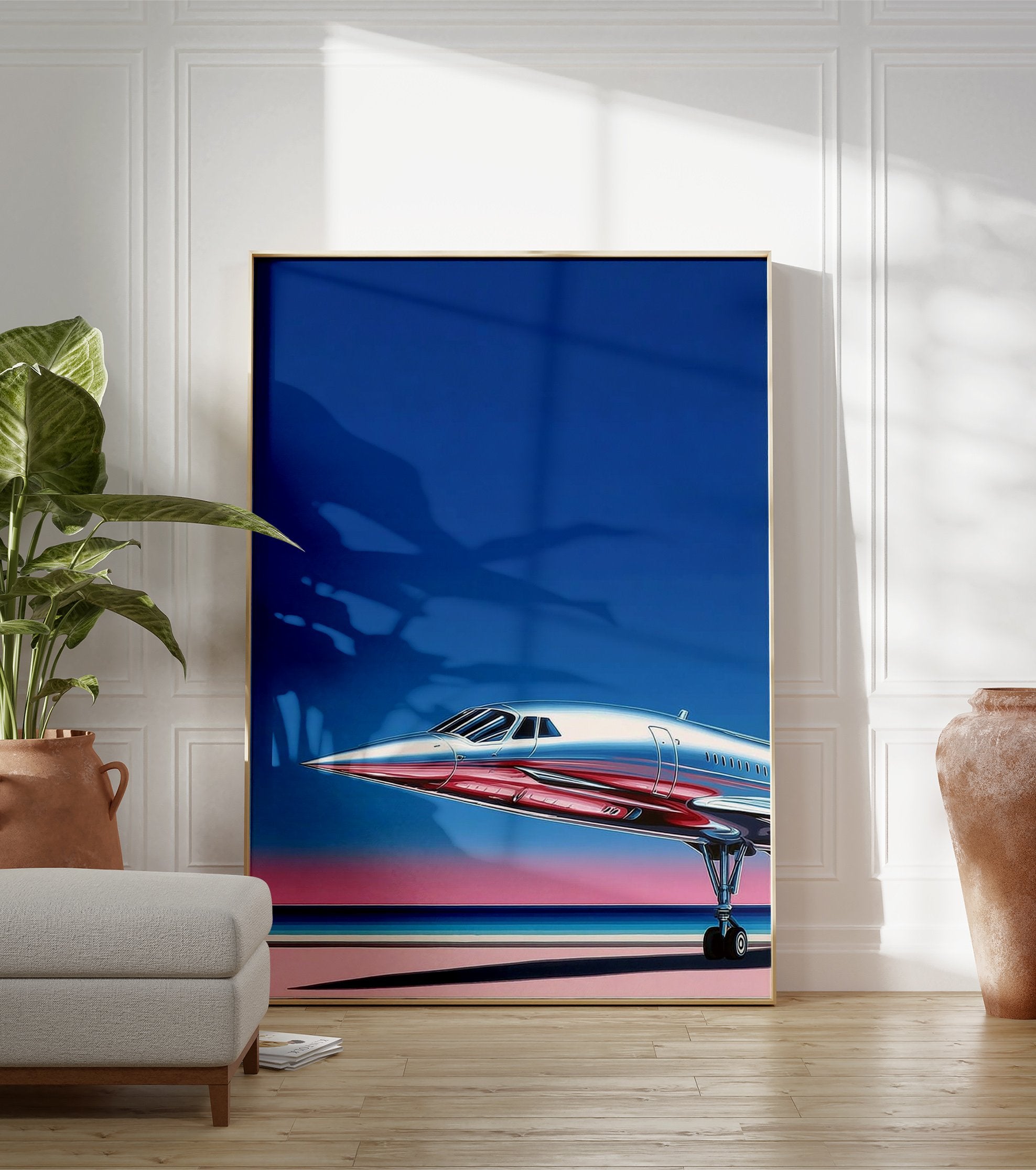 Silver supersonic jet on a runway with a blue and pink gradient sky, ideal for Supersonic Jet Wall Art. - Image 3