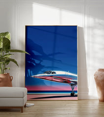 Silver supersonic jet on a runway with a blue and pink gradient sky, ideal for Supersonic Jet Wall Art. - Image 3