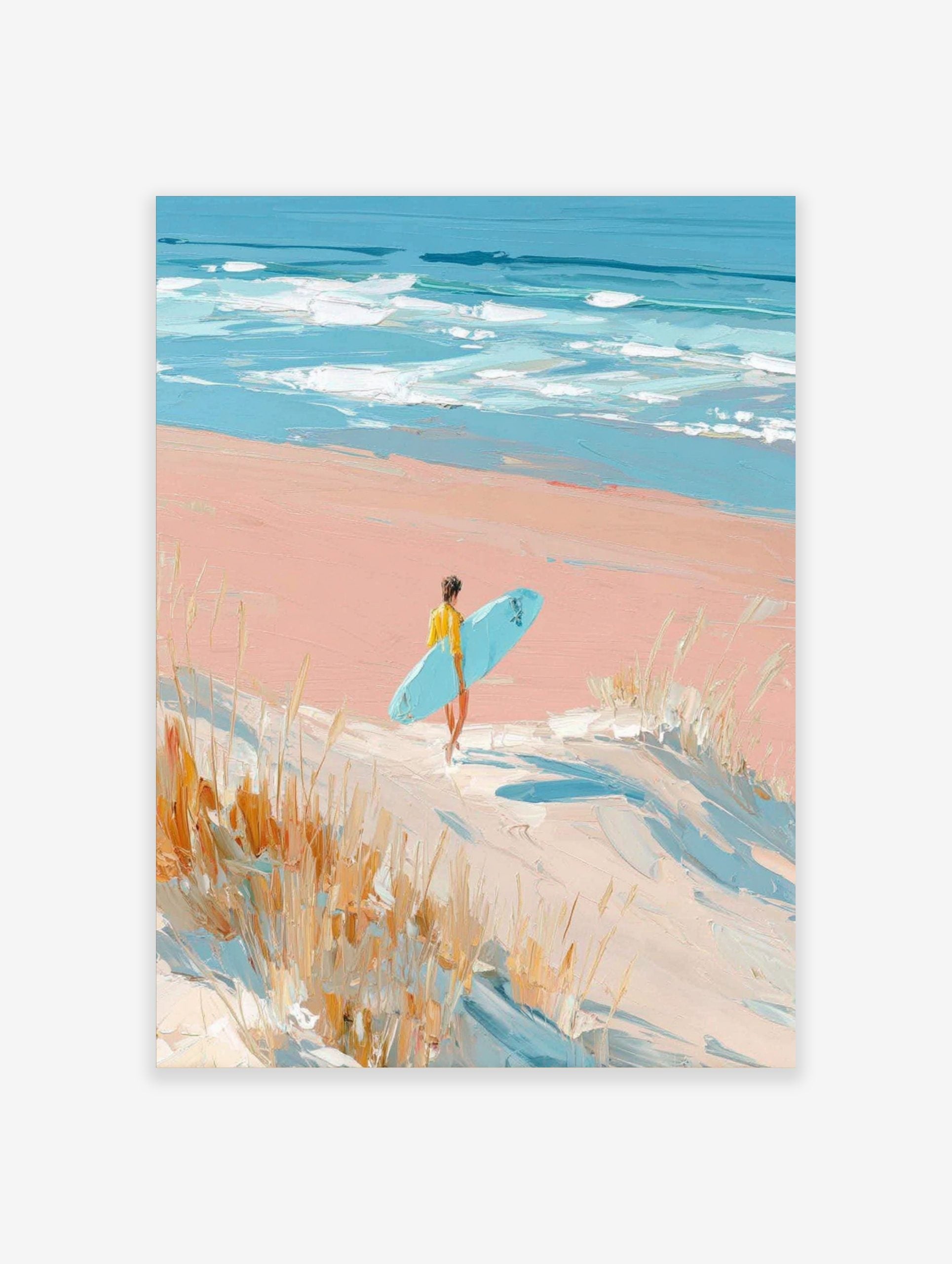 Impressionistic painting of surfer with blue board walking on pink beach towards ocean waves and blue sky