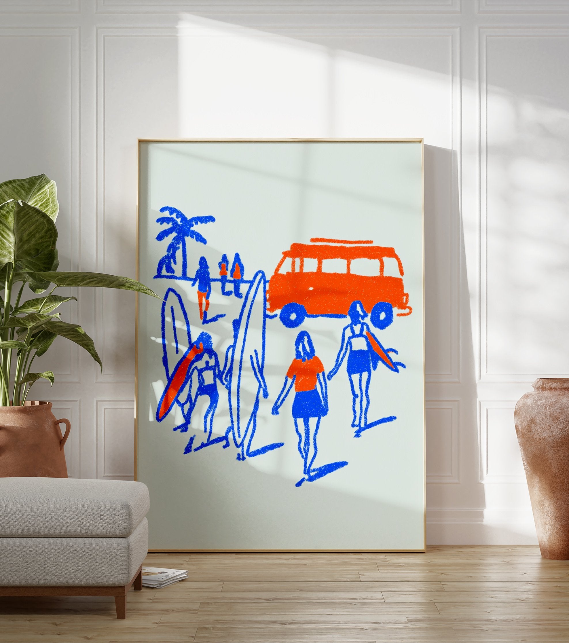 Illustrated surf poster depicting a beach scene with orange camper van, blue figures, surfboards, and a palm tree. - Image 3