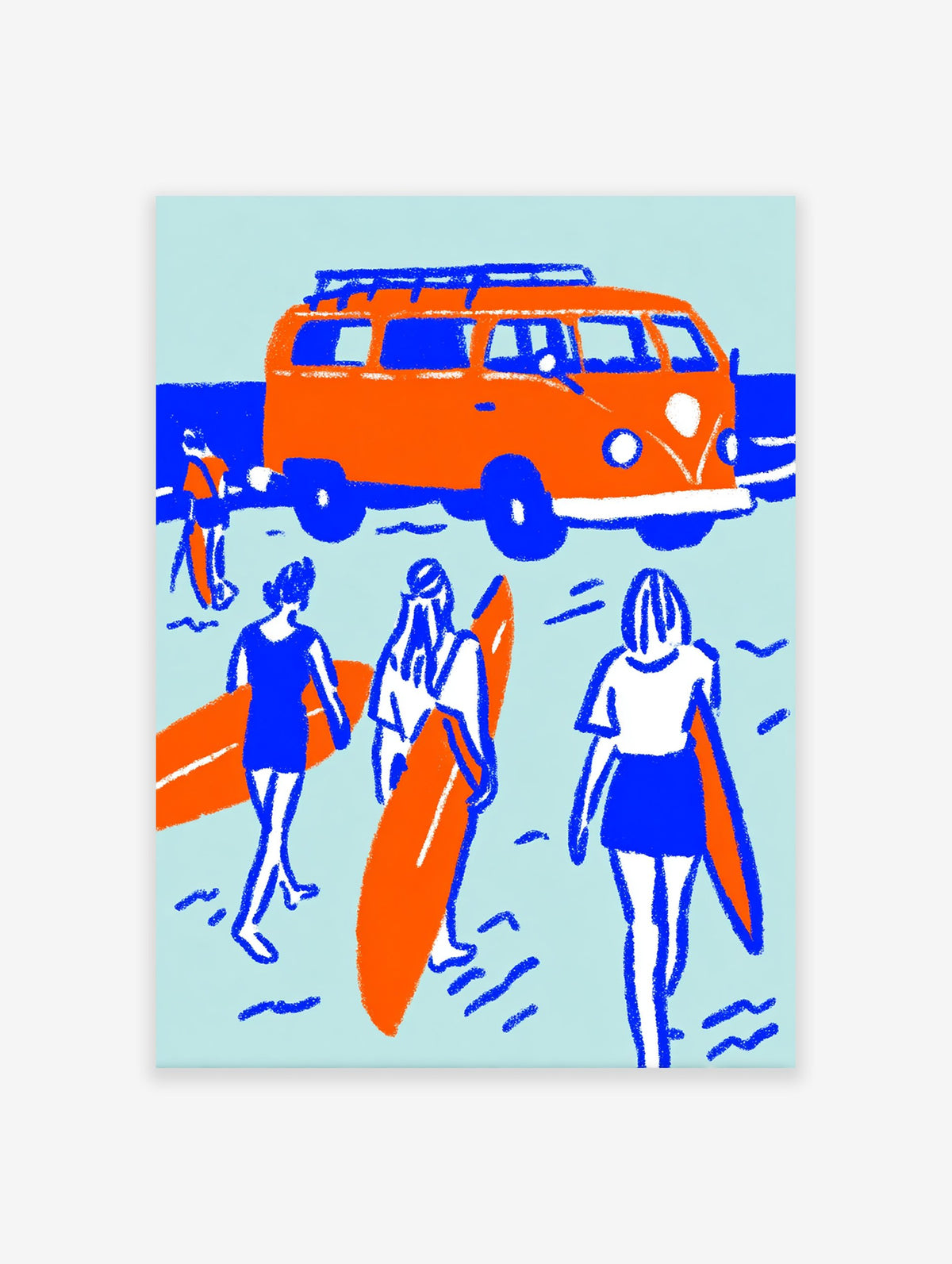 Orange surf van and surfers with surfboards by the blue sea on a light blue background poster, illustrative style.