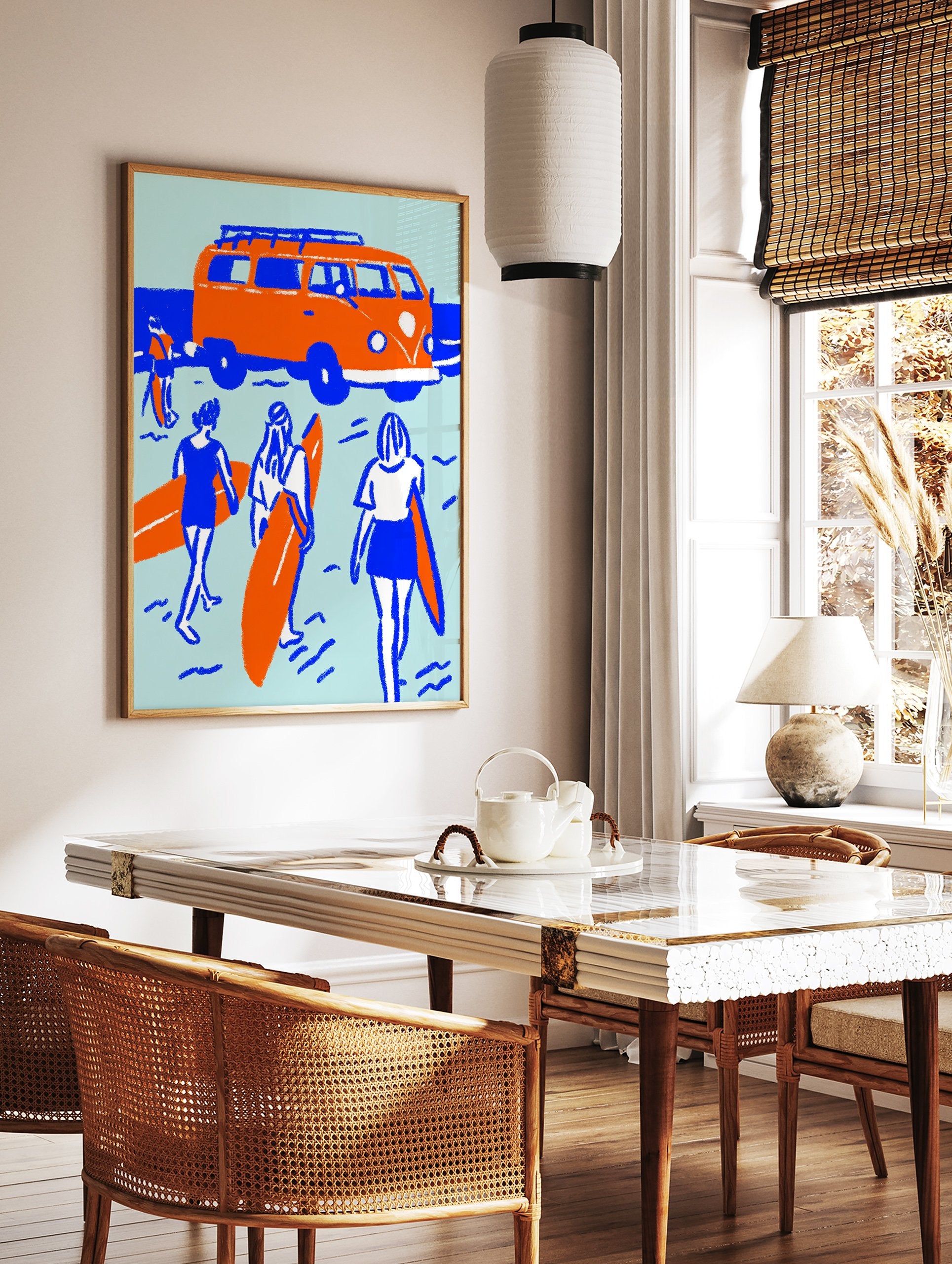 Orange surf van and surfers with surfboards by the blue sea on a light blue background poster, illustrative style. - Image 2