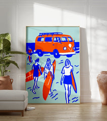 Orange surf van and surfers with surfboards by the blue sea on a light blue background poster, illustrative style. - Image 3