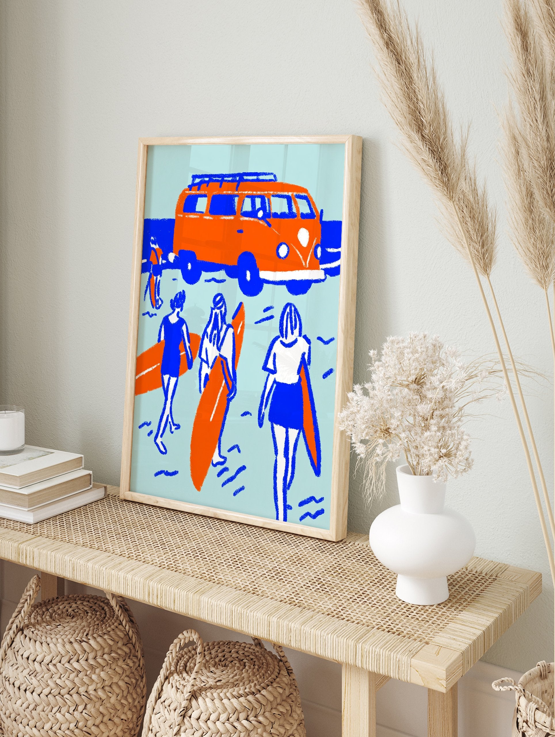 Orange surf van and surfers with surfboards by the blue sea on a light blue background poster, illustrative style. - Image 4