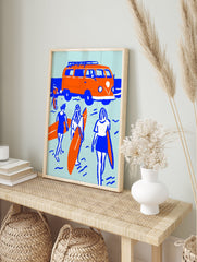 Orange surf van and surfers with surfboards by the blue sea on a light blue background poster, illustrative style. - Image 4