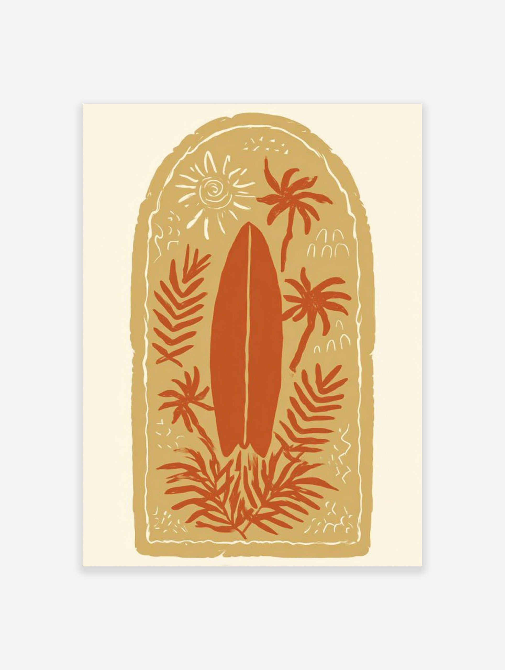 Tropical surfboard and palm tree illustration print in terracotta and beige with sun motif, arched border