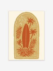 Tropical surfboard and palm tree illustration print in terracotta and beige with sun motif, arched border