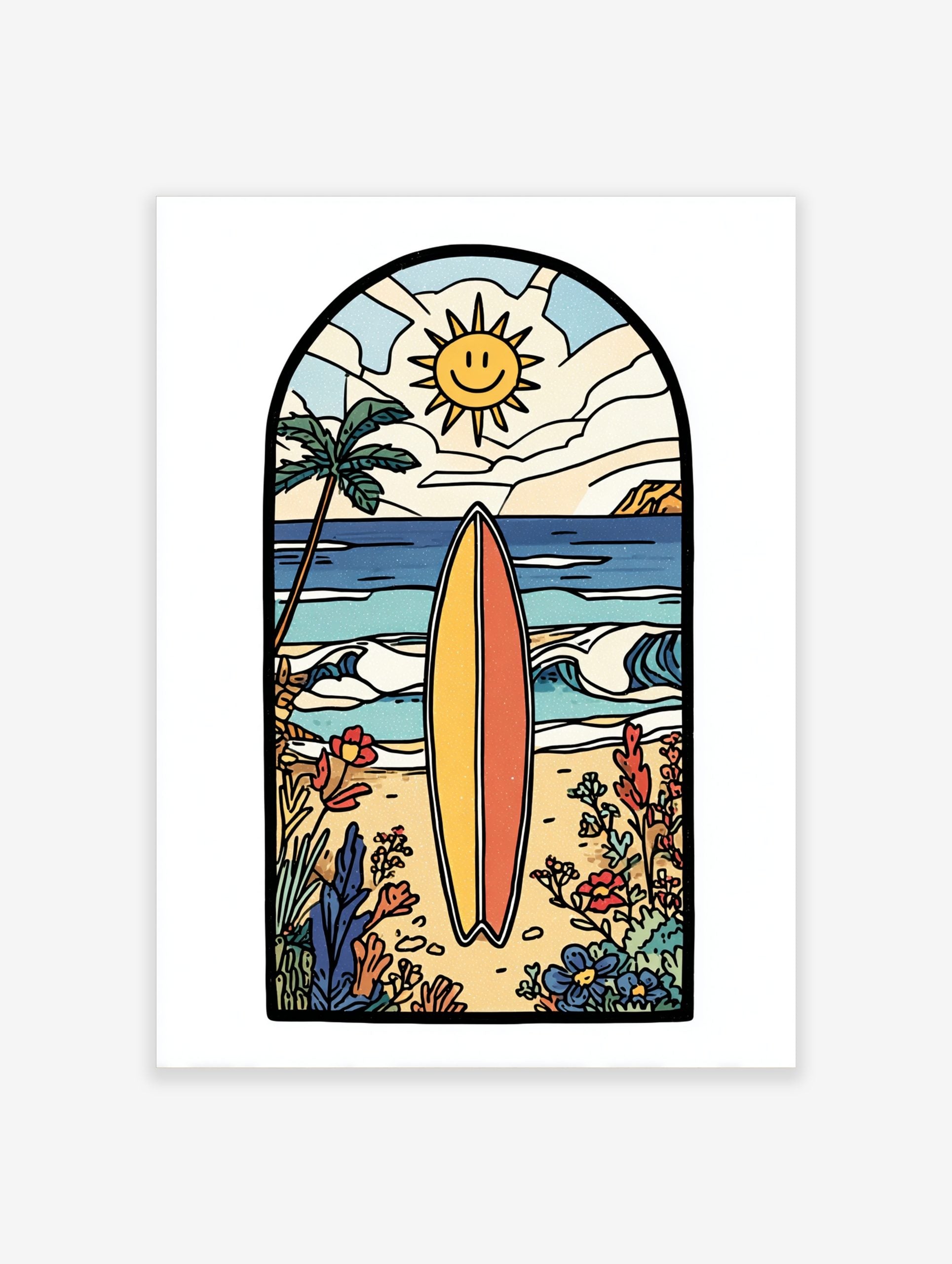 Illustrative beach scene art print with a yellow and orange surfboard, palm tree, smiling sun, and ocean waves