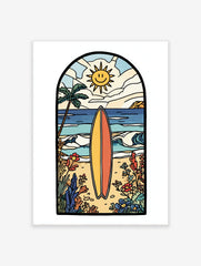 Illustrative beach scene art print with a yellow and orange surfboard, palm tree, smiling sun, and ocean waves