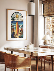 Illustrative beach scene art print with a yellow and orange surfboard, palm tree, smiling sun, and, in a styled room mockup