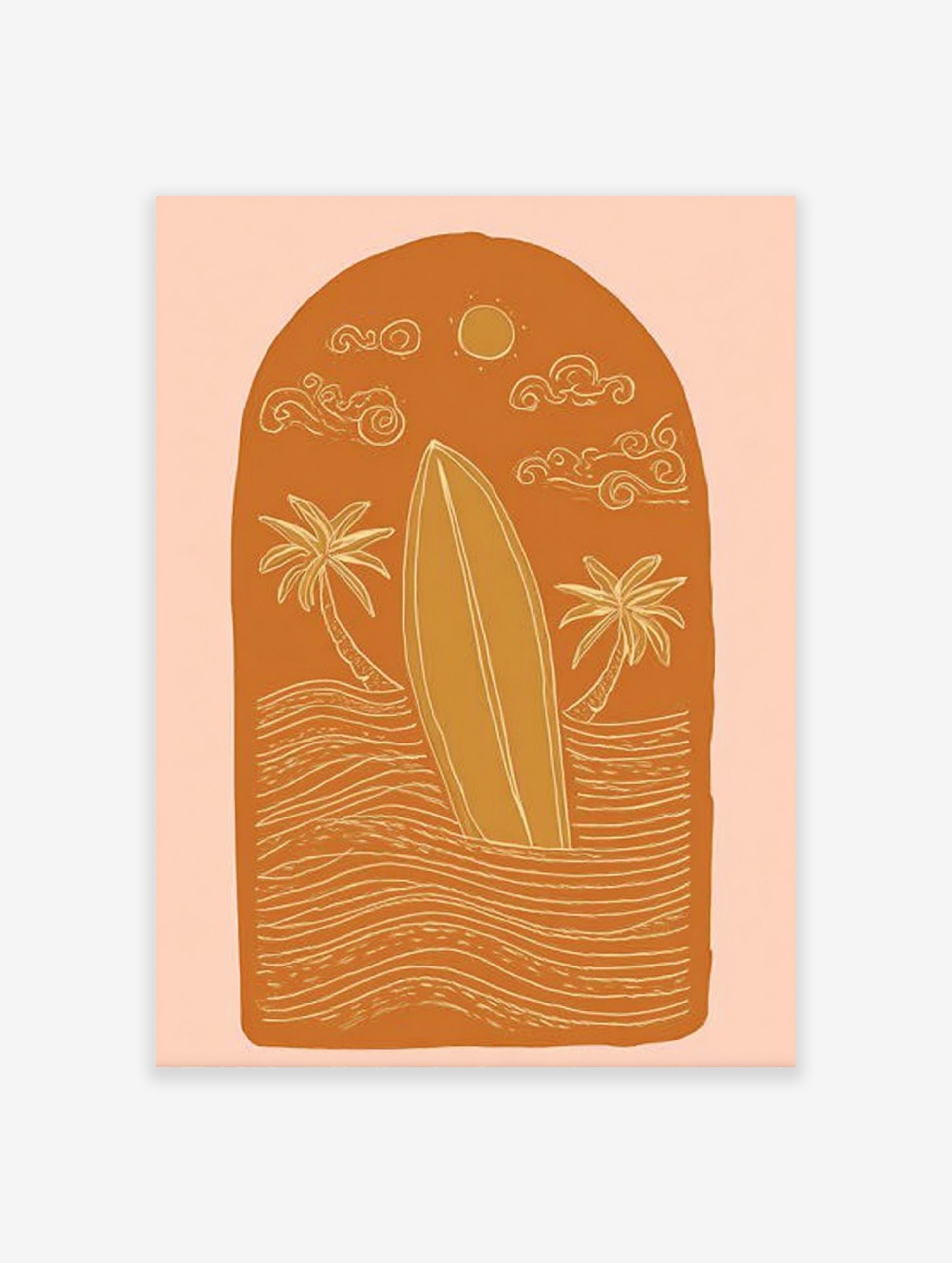 Illustrative surfboard, two palm trees, waves, sun, and clouds in an arched orange design