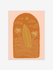 Illustrative surfboard, two palm trees, waves, sun, and clouds in an arched orange design
