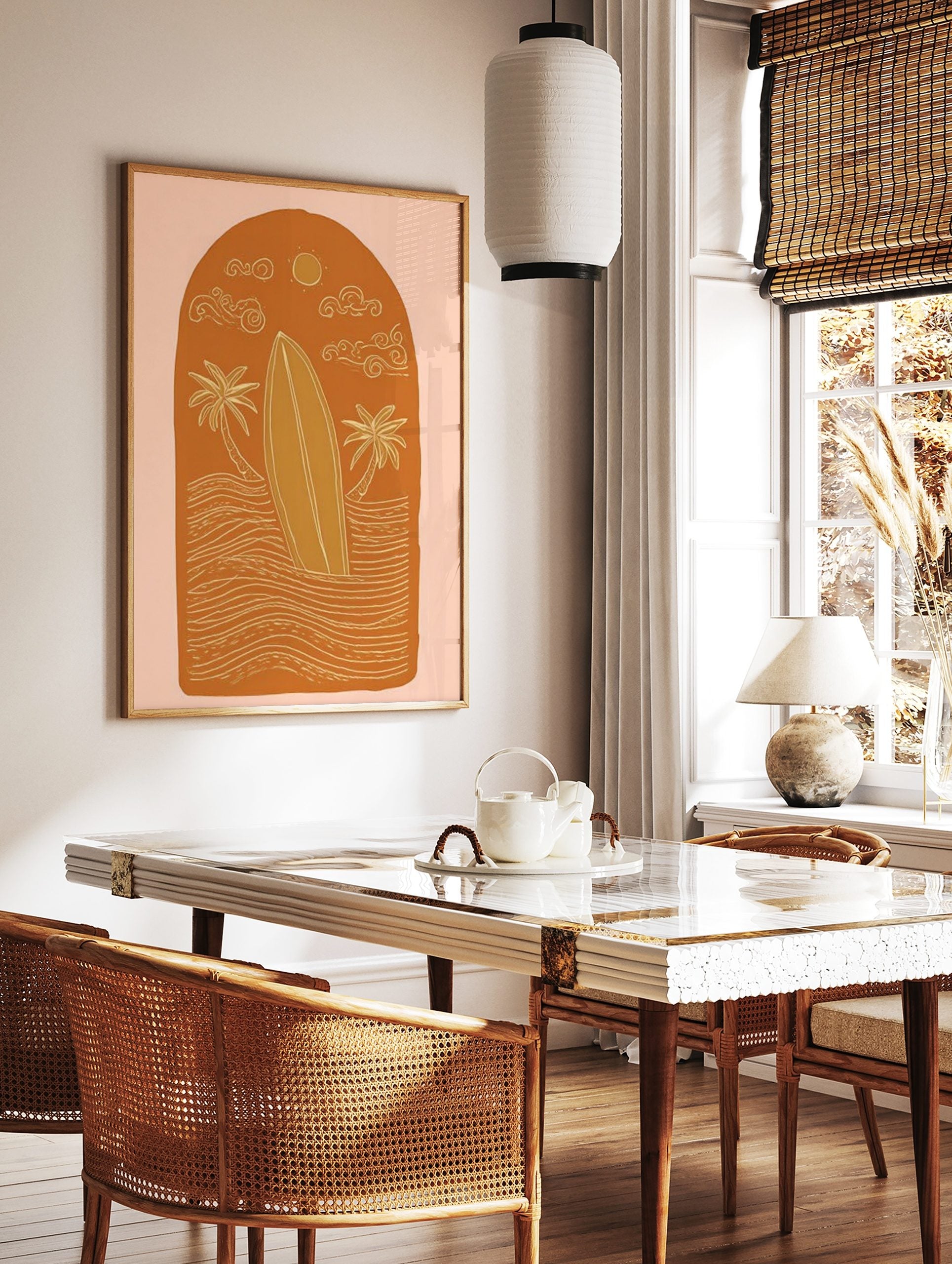 Illustrative surfboard, two palm trees, waves, sun, and clouds in an arched orange design, in a styled room mockup