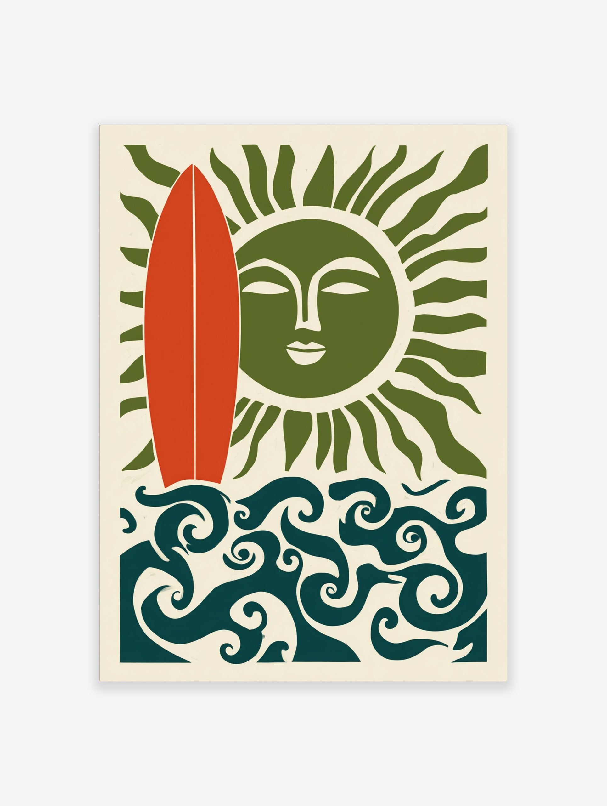 Illustrative wall art with red surfboard, green sun with face, and swirling blue ocean waves on cream background