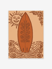 Illustrative art print of a decorative surfboard, smiling sun, and swirling waves in orange and brown