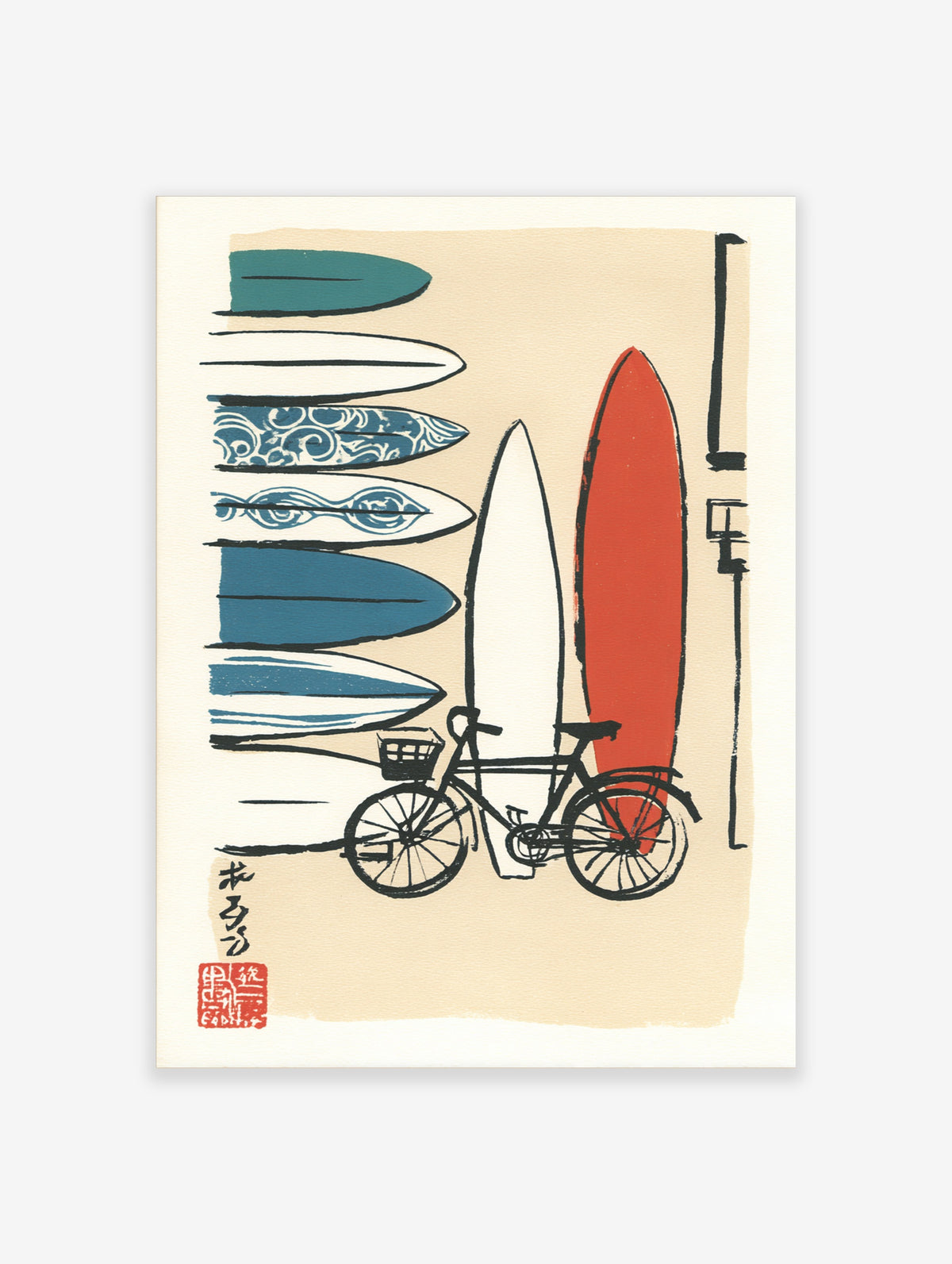 Surfboard and bicycle illustration art print with stacked teal and blue surfboards and a red surfboard on beige background
