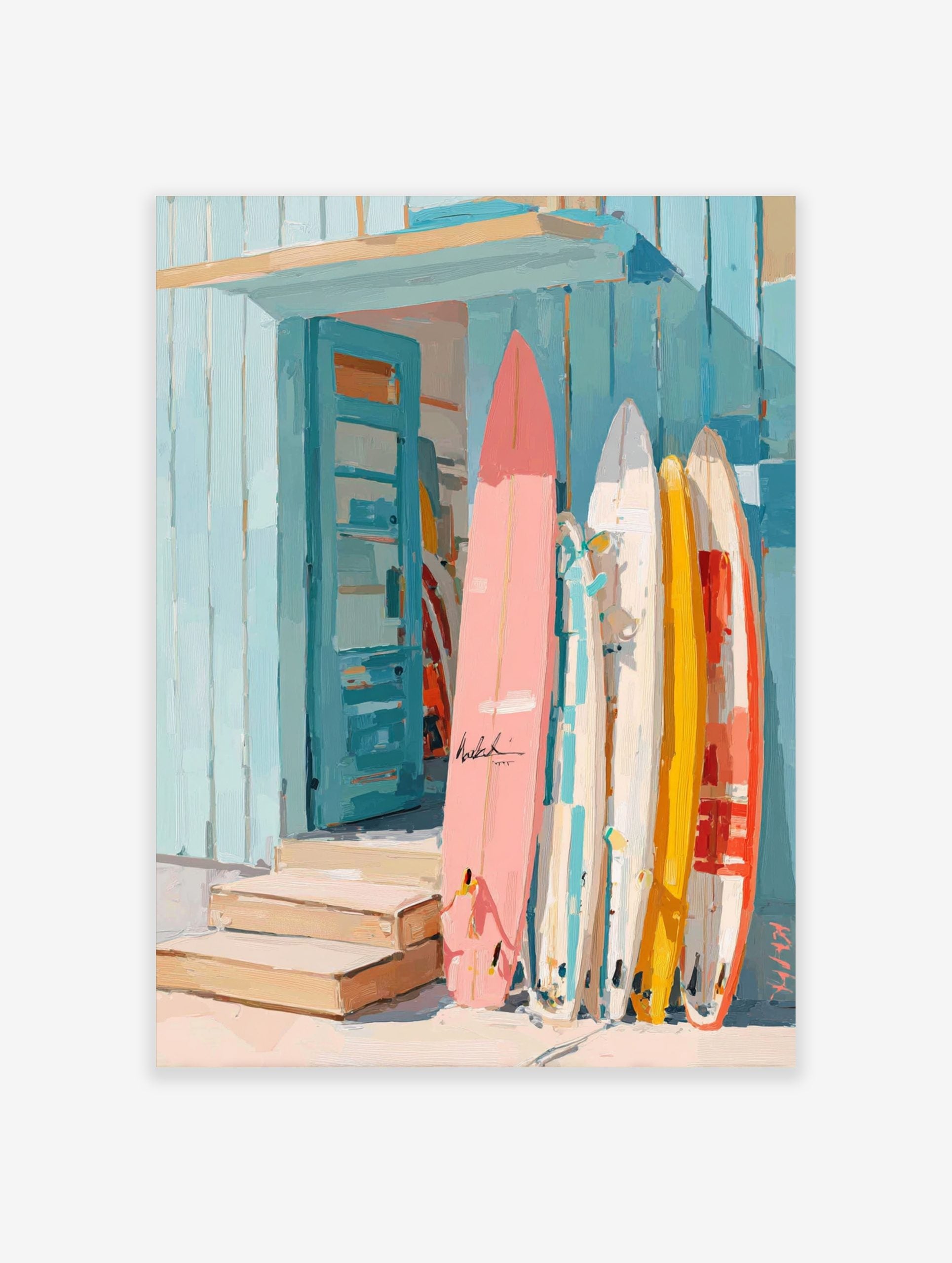 Colourful surfboards in pink, yellow, and white leaning against a blue wooden beach shack with an open door