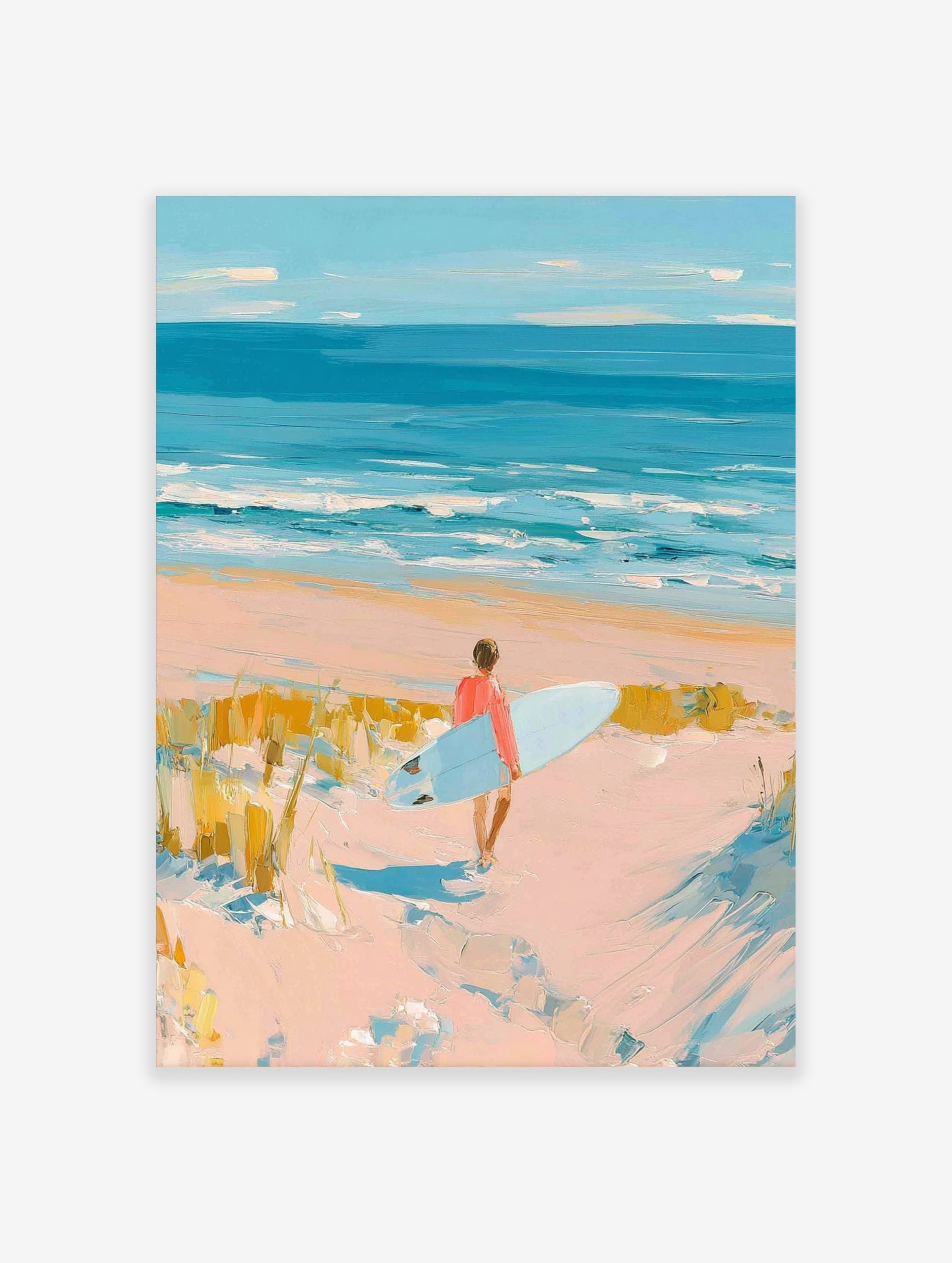 Impressionist painting of a surfer with a light blue board walking on a sandy beach towards the blue ocean
