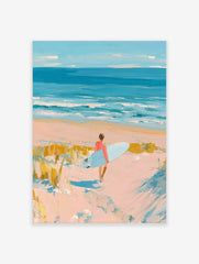 Impressionist painting of a surfer with a light blue board walking on a sandy beach towards the blue ocean