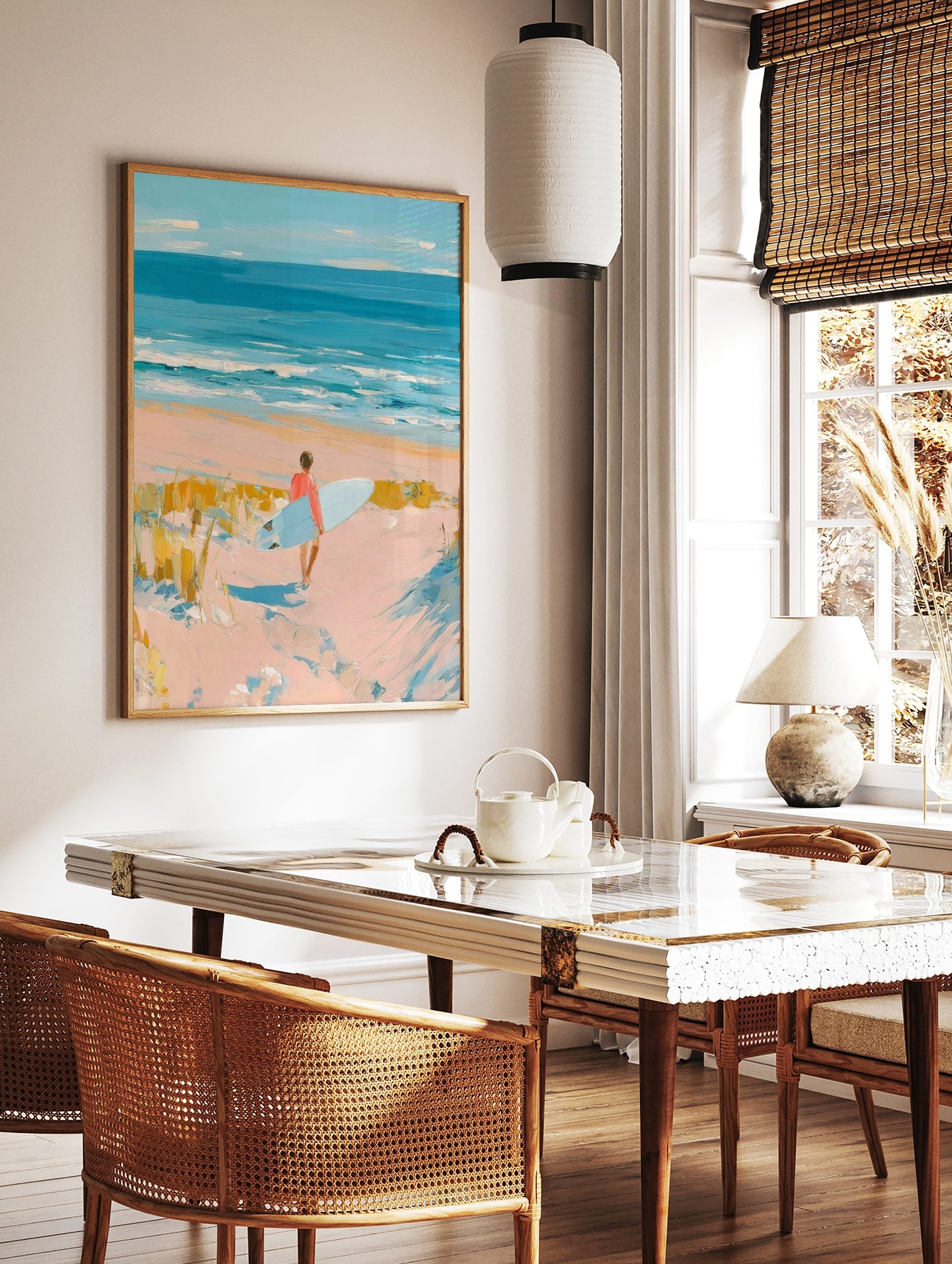 Impressionist painting of a surfer with a light blue board walking on a sandy beach towards the, in a styled room mockup