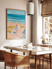 Impressionist painting of a surfer with a light blue board walking on a sandy beach towards the, in a styled room mockup