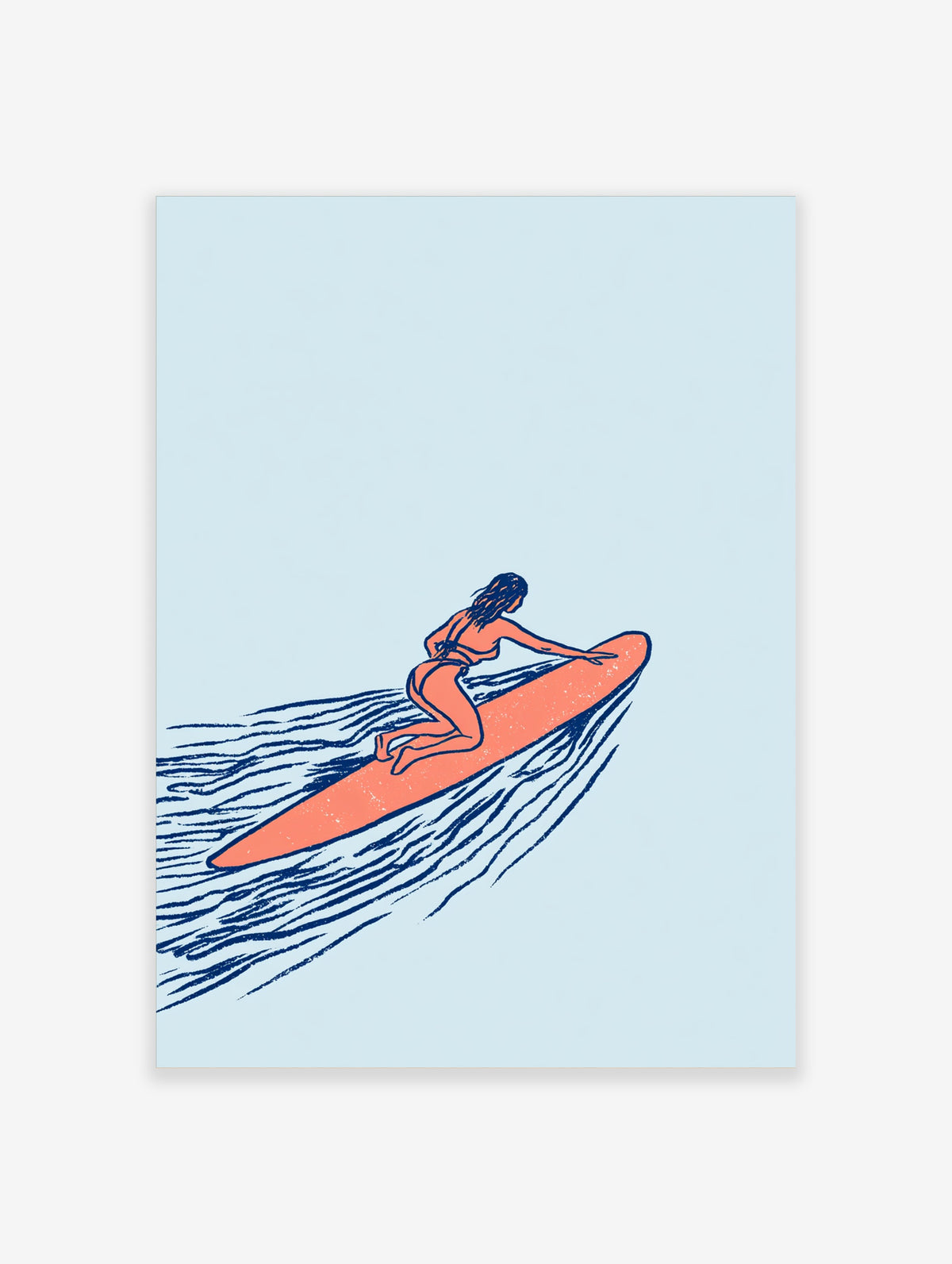 Surfer girl on orange surfboard riding navy line-drawn waves on pale blue background art print