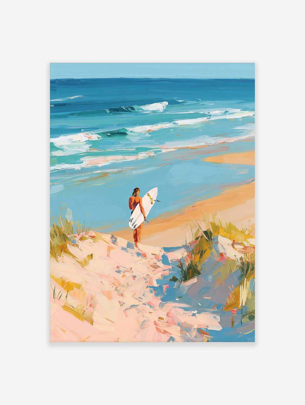 Impressionist painting of surfer on sandy dune path overlooking turquoise ocean waves and blue sky