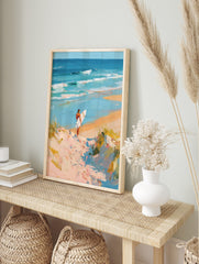 Impressionist painting of surfer on sandy dune path overlooking turquoise ocean waves and, in an alternate framed mockup