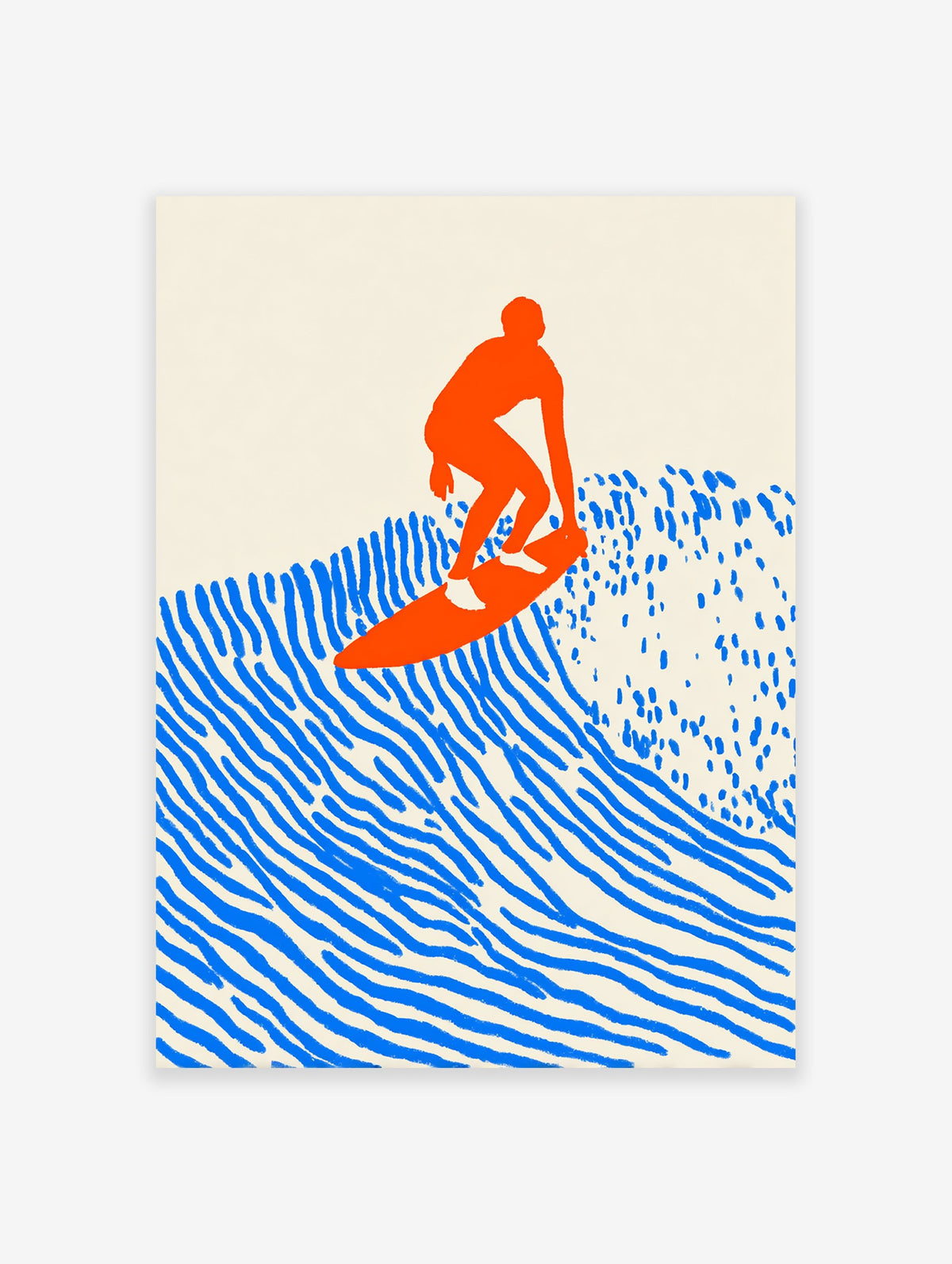 Modern minimalist surfer on a wave poster in bold orange and blue colors, with a cream background.
